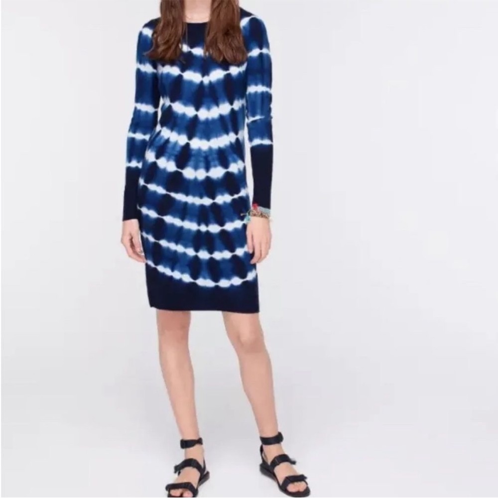 NWOT 100% Cashmere J. Crew Blue Tie Dye Crewneck Sweater Dress Midi Knee Length